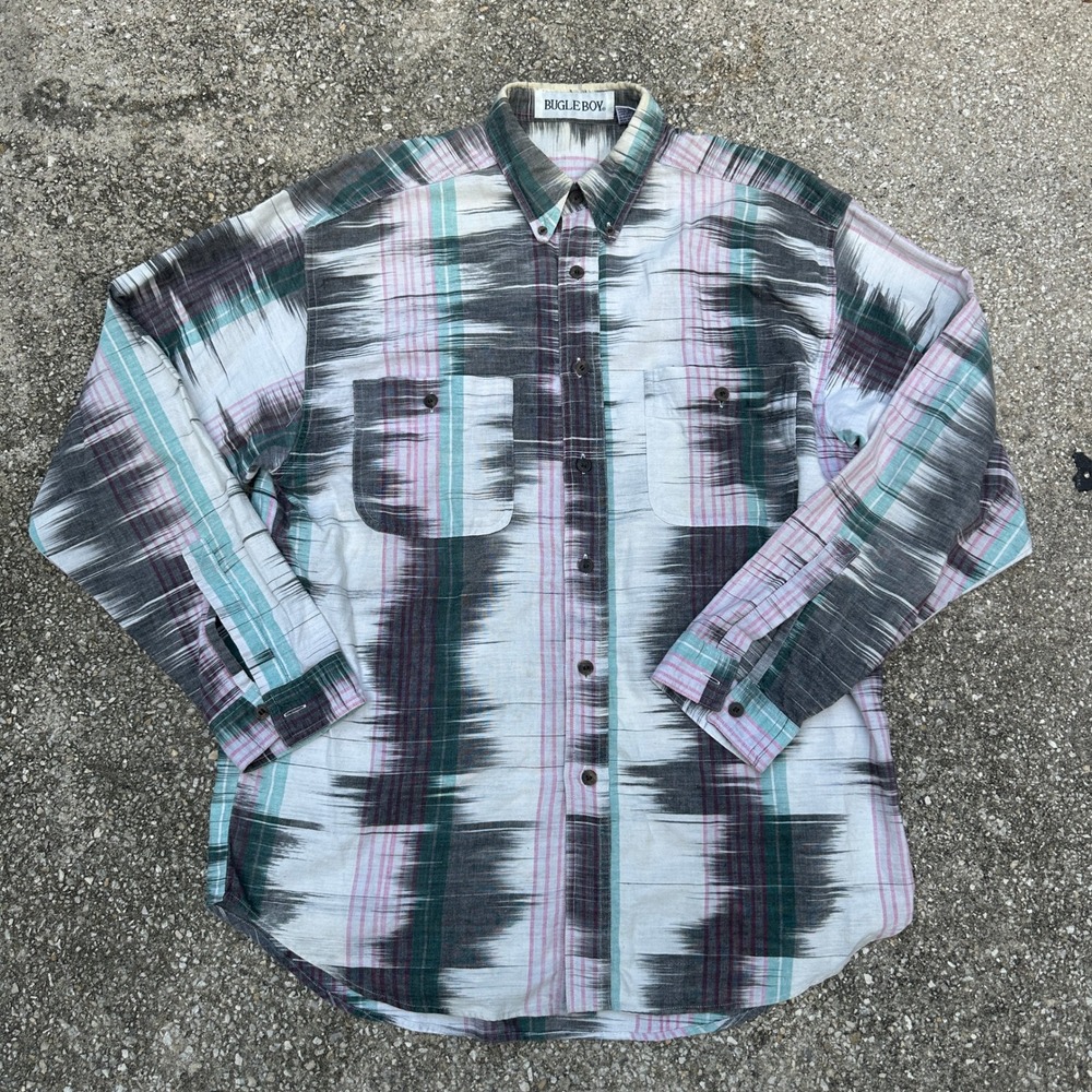 Vintage 90s Bugle Boy Mens Large Ikat Tribal Pattern Cotton Button Down  Grey